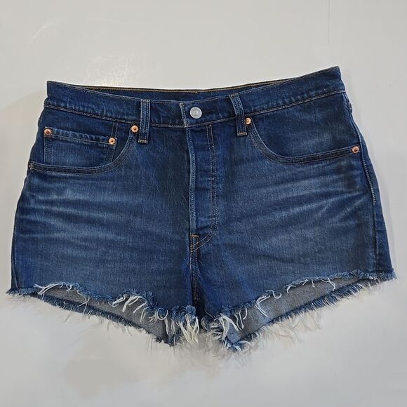 Levi's 501 Cut Off Denim Jean Shorts High Rise Fringed Button Fly Cotton Size 30 - Picture 1 of 10